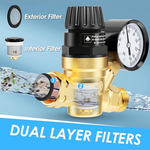AOLINK RV Water Pressure Regulator Valve, Brass Lead-Free Adjustable Water Pressure Reducer with Gauge and Inlet Filter for RV Camper and Travel Trailer
