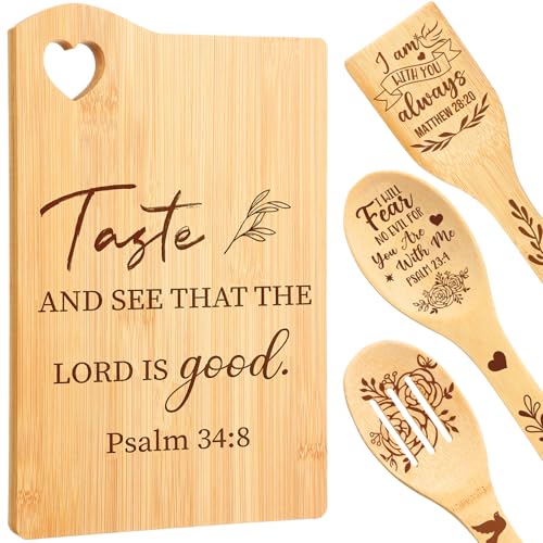 RimCereal 4 Pcs Christian Gifts for Women Mom Bible Verse Bamboo Cutting Board Faith Religious Spatula Spoon Set Catholic Inspirational Gifts for Mother's Day Christmas Birthday(Lord is Good)