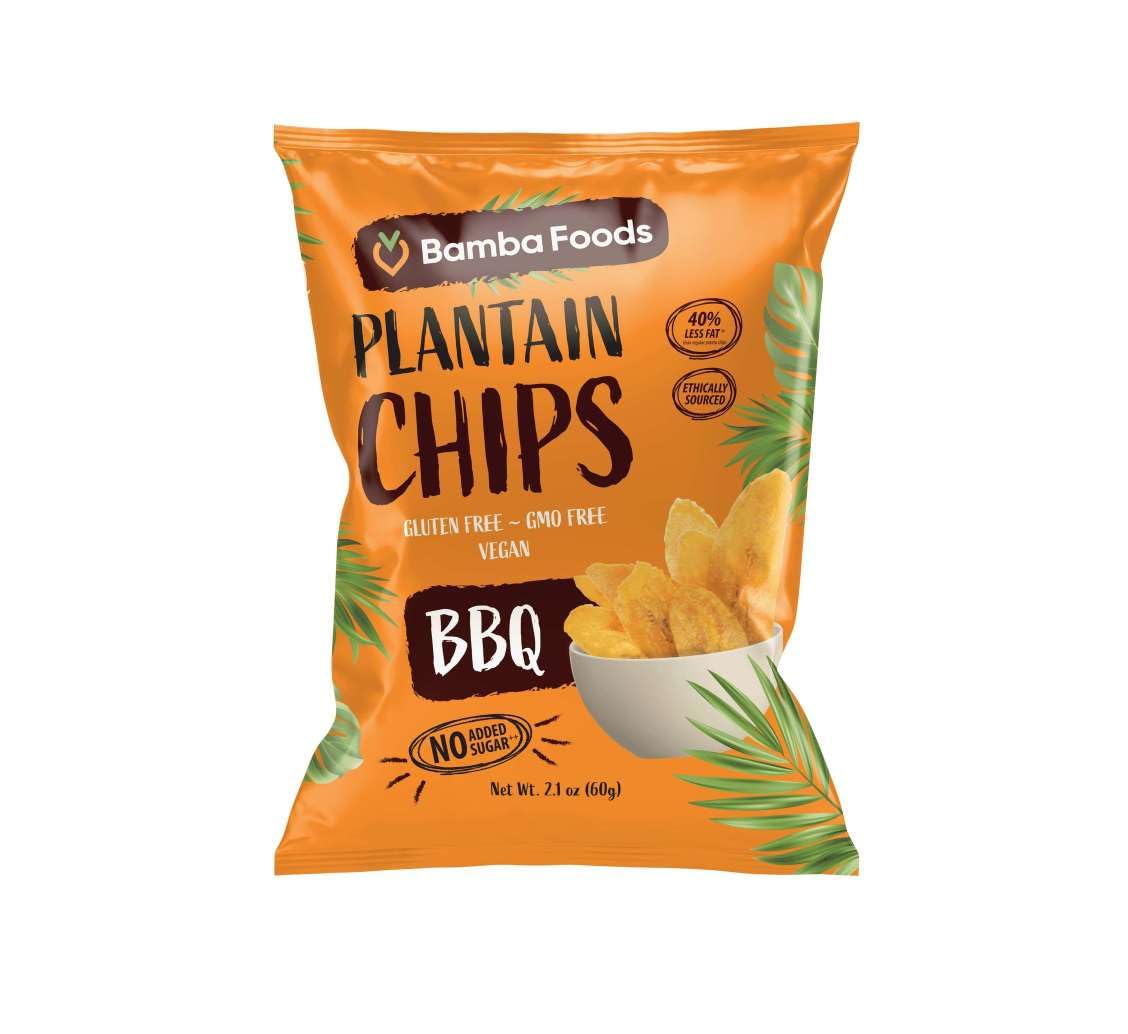 Bamba Foods Case pack - Low-Calorie Non-GMO, Vegan, Gluten Free and Plant-Based Plantain Tasty chips Snacks for Adults and Children, 60g per pack (20, BBQ)