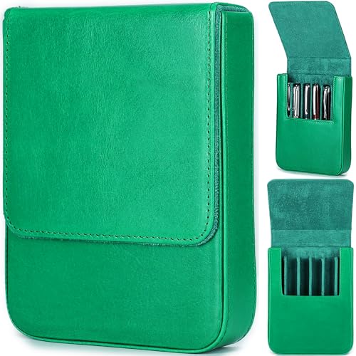 CataPurus Top Grain Genuine Leather 6 Fountain Pen/Pencil Tray Case, Minimalist Fashion Design, Handmade, Magnetic Closure with Drawer Design, Gift Choice for Man/Woman/Office, Glossy Green, 6 Slots