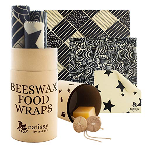Beeswax Wraps for Food, Set of 6 Organic Bees Wax Paper for Bread, Cheese, Sandwiches; Reusable Bee Wax Wrap for Covering Bowls; Washable Beeswax Paper; Sustainable Beeswax Cloth Cover for Eco Kitchen