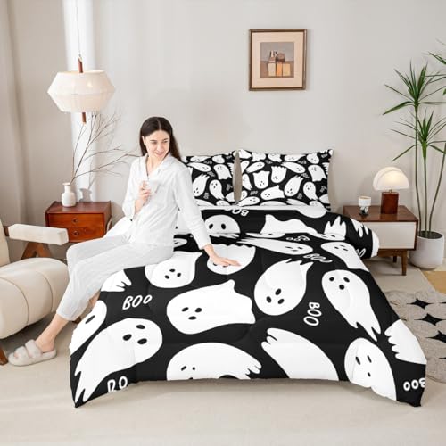 Kids Cartoon Style Bedding Set for Boys Girls,Black White All Season Cozy Comforter Set Full Size,Cartoon Halloween Ghost Duvet Set Bedroom Decor,Personalized Birthday Gifts