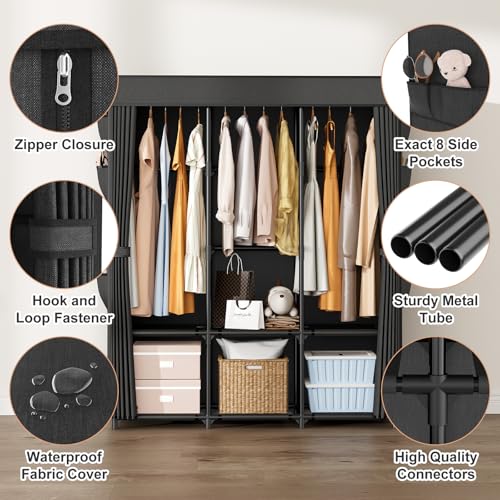 Image of Wardrobe Closet Portable Closets for Hanging Clothes Large Capacity Clothes Rack with Cover, 3 Hanging Rods, 6 Shelves and 8 Pockets, Strong and Stable Free Standing Closet for Bedroom, Black