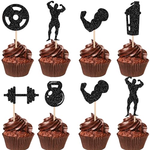 24 PCS Gym Workout Cupcake Toppers Glitter Biceps Dumbbells Kettlebells Weight Lifting Cupcake Picks...