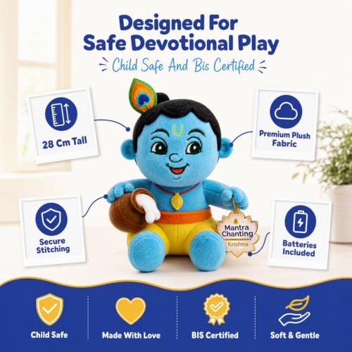 Image of Kidsmate Krishna Musical Soft Toy for Kids & Babies | Chanting Plush Baby Toy with 3 Preloaded Bhajans, Mantras & Aarti | Lord Krishna Soft Toy | Best Birthday Gift for Kids (Medium - 28 Cm)