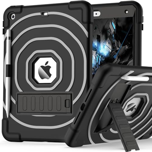 SIBEITU Case for iPad 9th 8th 7th Generation 2021 2020 2019(10.2 inch) with Pencil Holder, Shockproof Heavy Duty Military Grade Protective Cover for iPad 10.2" 9/8/7 Gen with Kickstand (Black +Grey)