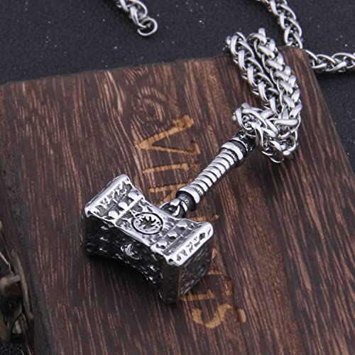 WTZWY Wikinger Mjolnir Halskette für MäNner, Vintage Original Edelstahl Thors Hammer AnhäNger, Handgemachtes Keltisches Heidnisches Schmuckamulett,Silber,60CM/24In Cover