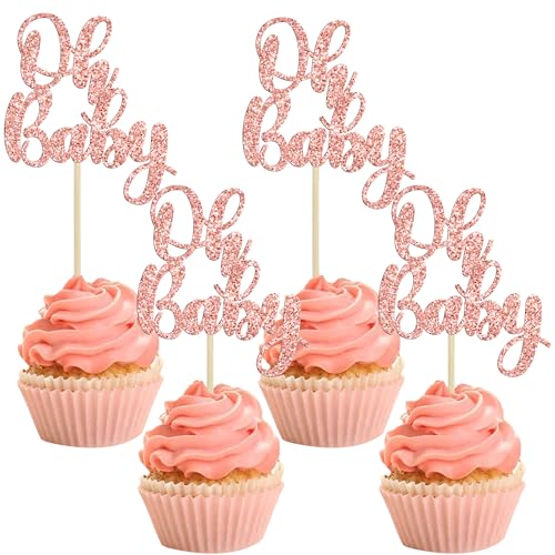 Decoraciones cupcake Oh Baby rosa oro con purpurina premium para fiestas infantiles