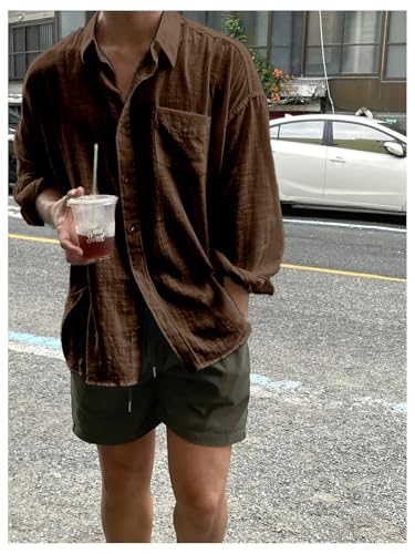 Men's Long Sleeve Oversized Tshirts Button Down Collared Baggy Casual Shirt with Pocket4