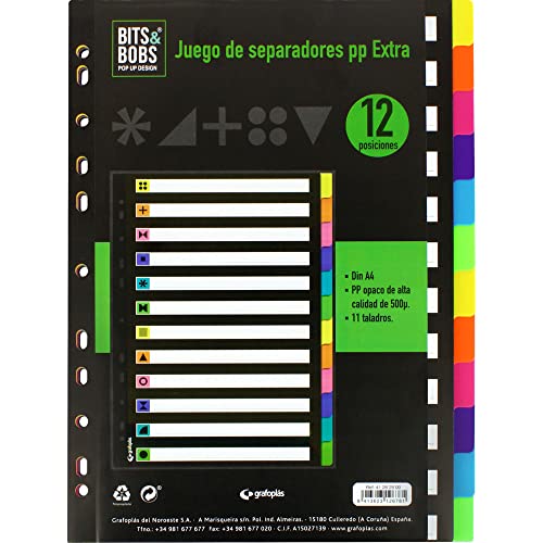 Grafoplas - Juego de Separadores Colores Flúor, 12 Posiciones, Polipropileno Alga Calidad 500μ, 11 Taladros, Bits&Bobs Pop and Design