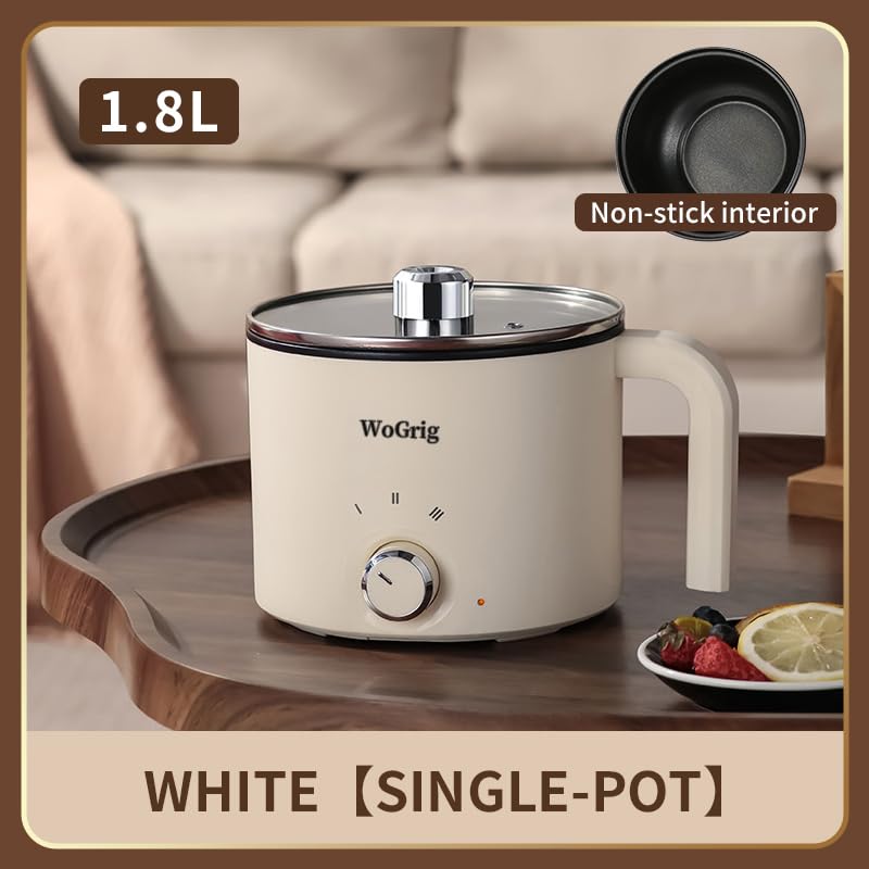 1.8L Electric Hot Pot?Ramen Cooker, Dual power supply Mini Portable Multi-Functional Lazy Pot for Pasta, Noodles, Egg, Soup,Rice?Non-Stick Noodle Cooker with Boil Dry Protection for Dorm, Office (white)