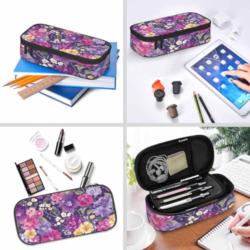 Image of Purple Flowers Pencil Bag Blooming Buds Yellow Blue White Big Capacity Pencil Case Pencil Pouch Pen Bag School Students Boy Girl