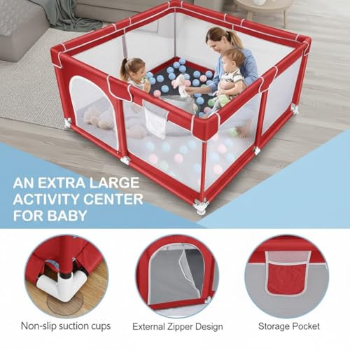 Image of Baby Playpen with Balls - Portable Play Yard with Mesh Panels for Safety & Visibility, Indoor /Outdoor Toddler Activity Fence for Boys & Girls (Red)
