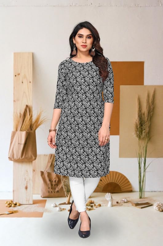 Image of JAKHANA Women's Crepe Printed Casual Straight Calf Length Round Nick Kurta Pack of 4