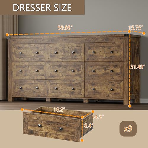 Image of BORNOON 9-Drawer Dresser, Modern Wooden Storage Chest of Drawers, Dresser TV Stand, Wood Drawer Organizer with Metal Handles for Bedroom, Living Room, Hallway
