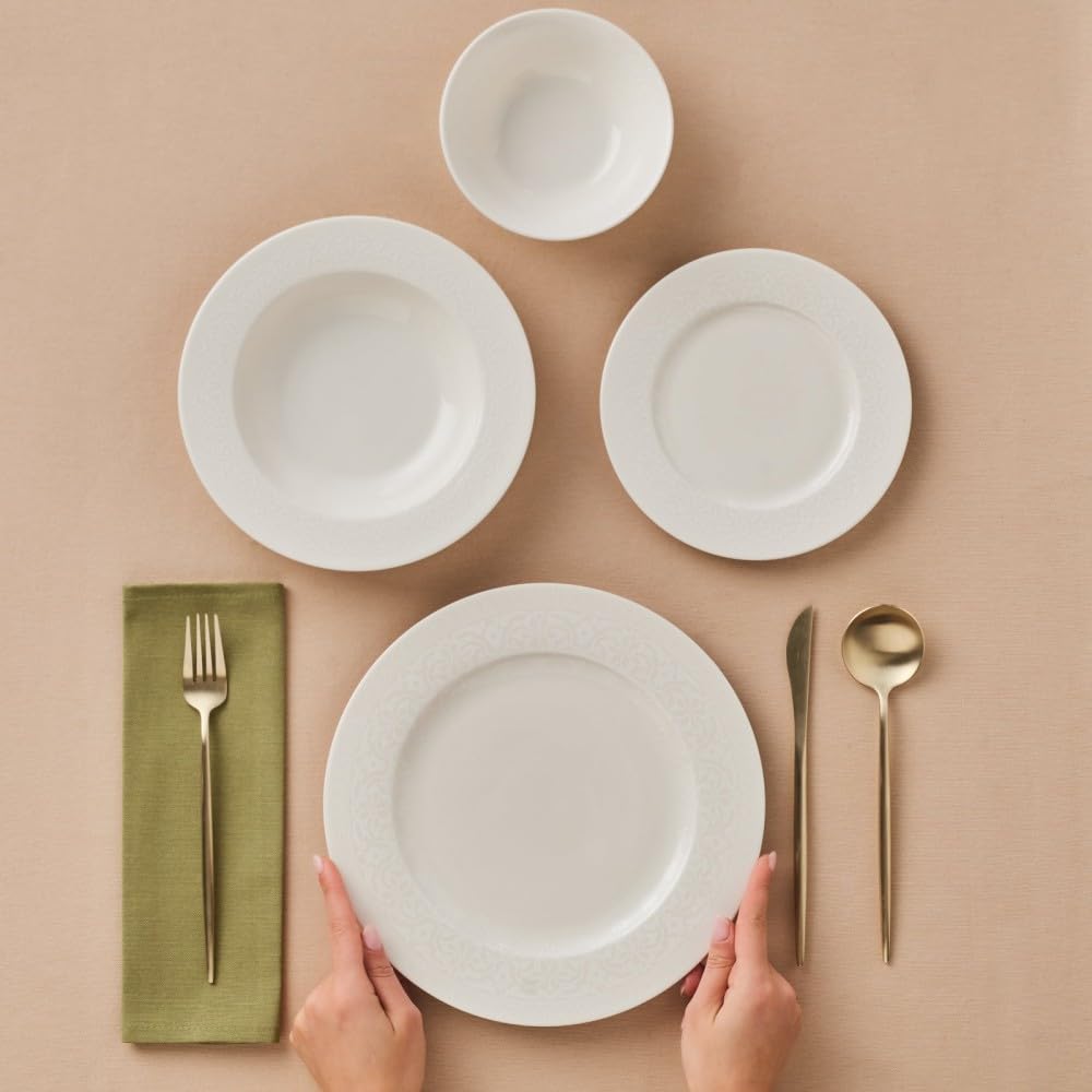 Karaca Set di stoviglie a cupola per 6 persone, set di piatti da cucina moderno da 24 pezzi, in porcellana Bone China, lavabili in lavastoviglie, set di piatti e ciotole, durevole ed elegante