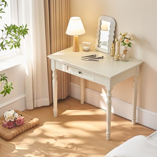 Conabaen White Writing Desks with Drawers, 35' Solid Wood French Country Style Computer Desk for Home Office, Living Room Study or Workspace