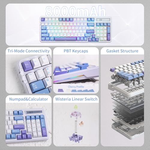Image of EPOMAKER Cypher 96 Wireless Gaming Keyboard with 8000mAh Battery, Hot Swappable Creamy Keyboard with Numpad and Calculator, RGB Backlit, NKRO for Games /Office (Wisteria Linear Switch)
