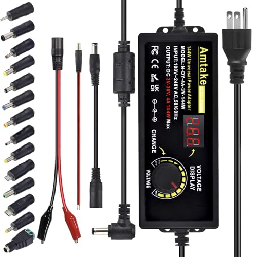 Universal Power Supply 3V~36V 4A 144W Adjustable Variable Switching 3V 5V 9V 12V 24V 30V 36V AC/DC Adapter, 100V-240V AC to DC Converter with 14 Tips, Polarity Converter and Test Lead