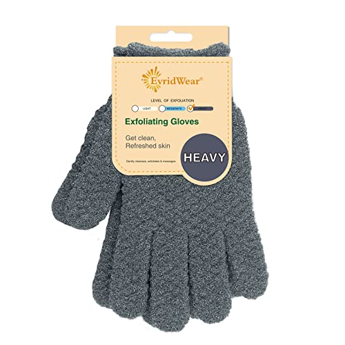 Evridwear Exfoliating Dual Texture Bath Gloves for Shower, Spa, Massage and Body Scrubs, Dead Skin Cell Remover, Gloves with Hanging Loop (1 Pair Gray Heavy Glove)