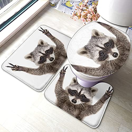 SHEYZYLTD Badematte + Konturmatte + Toilettendeckelbezug Süßer Waschbär 3 Stück Badematte Set, mit rutschfester Klebeunterseite