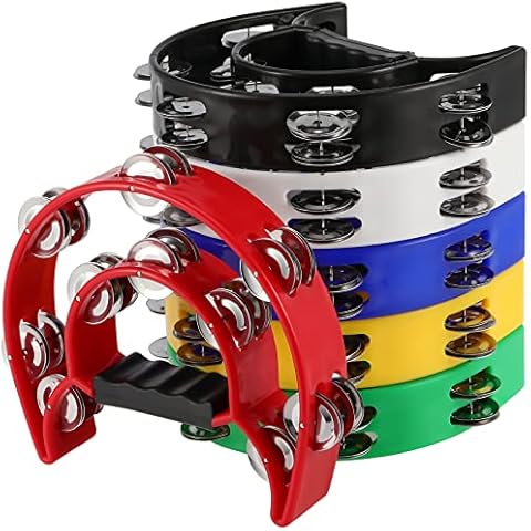 FUNSUEI 6 Pack Double Row Tambourine, Half Moon Handheld Tambourine, Metal Jingles Hand Held Percussion Plastic Musical Tambourine for Church, Party, Band, 6 Colors Cover