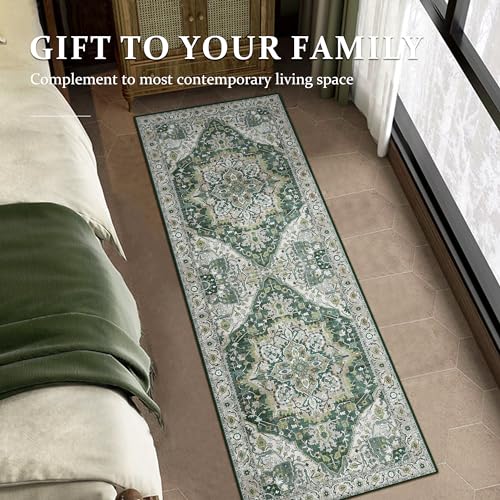 Deerly Green Vintage Runner Rug 2x6 Hallway Runners Boho Non-Slip Entryway Throw Rug Faux Wool Non-Slip Washable Low-Pile Floor Carpet for Indoor Front Entrance Kitchen Bathroom, Green/Multi