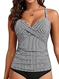 Women's Underwire Tankini Top Only - Push Up Swimsuit Top with Bra Support Tummy Control Bathing Suit Top No Bottom 2025 Black Striped L