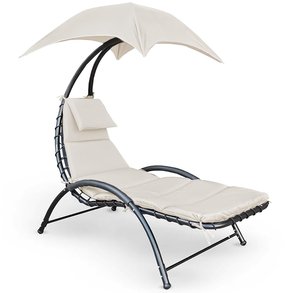 BAKAJI Lettino Sdraio Sospeso da Esterno con Cuscino Imbottito, Poltrona Amaca da Giardino Curva, Seduta Ergonomica e Ombrellone Parasole, Ideale per Patio, Balcone, Terrazzo (Beige)