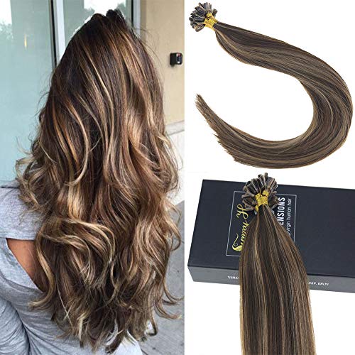 Sunny 7A Prebonded Fusion Hair Extensions Dark Brown with Caramel Blonde Nail Tip Extensions 24" 50g Remy Straight Keratin Fusion Human Hair
