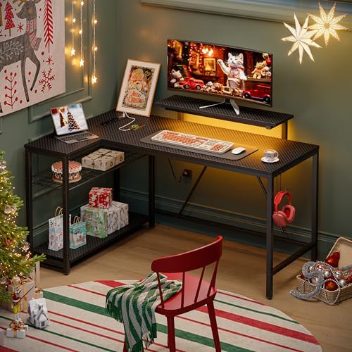 132 cm L-förmiger Schreibtisch mit Steckdosen & LED-Beleuchtung, umkehrbarer Eckschreibtisch mit Regalen, großer PC-Arbeitsplatz mit Haken für Home Office und Schlafzimmer – Bild 5