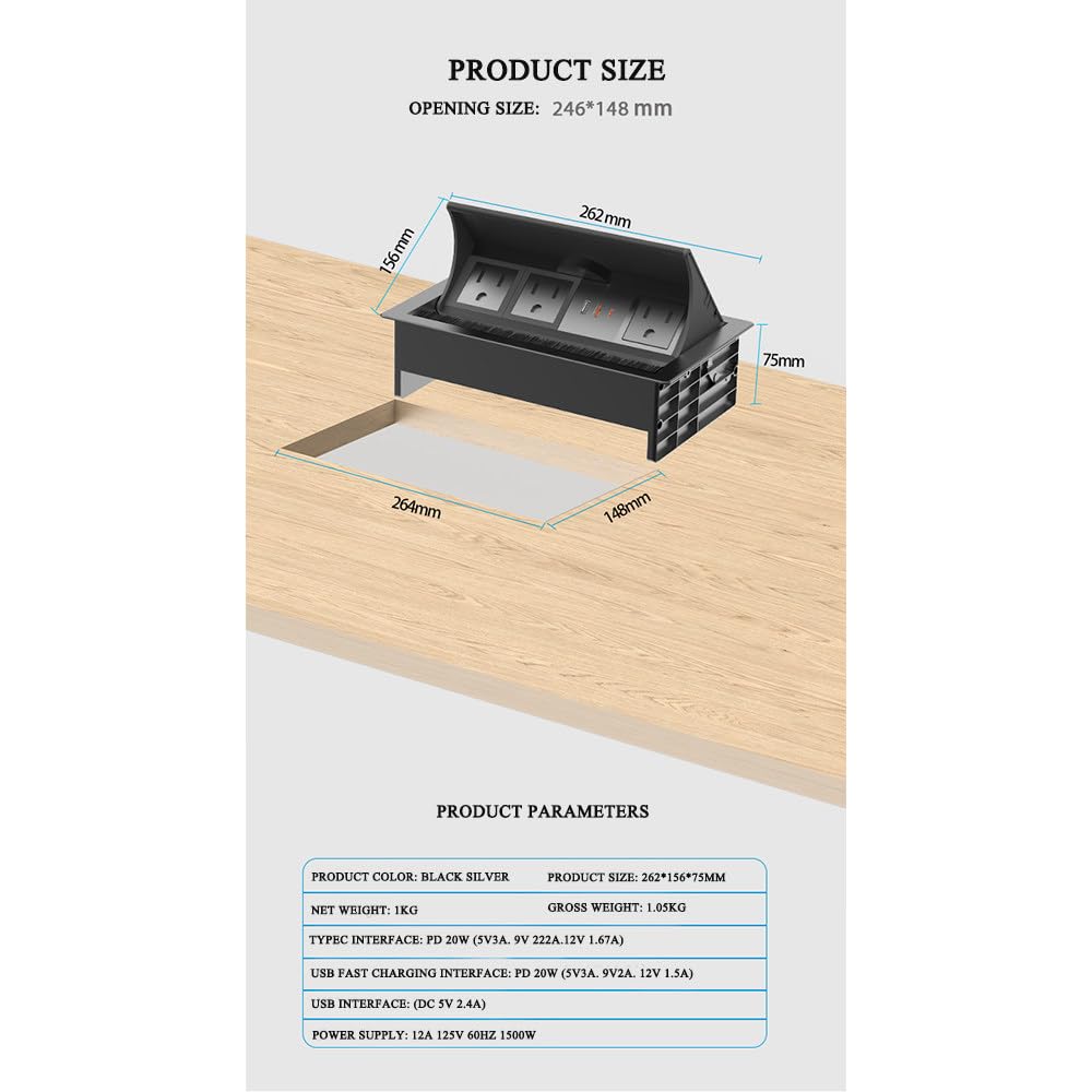 Listwa zasilająca do podtynkowych blatów roboczych i stołów, wtyczka brytyjska z portami USB i typu C, ładowanie bezprzewodowe 15 W (26,2 x 15,6 x 7,5 cm)