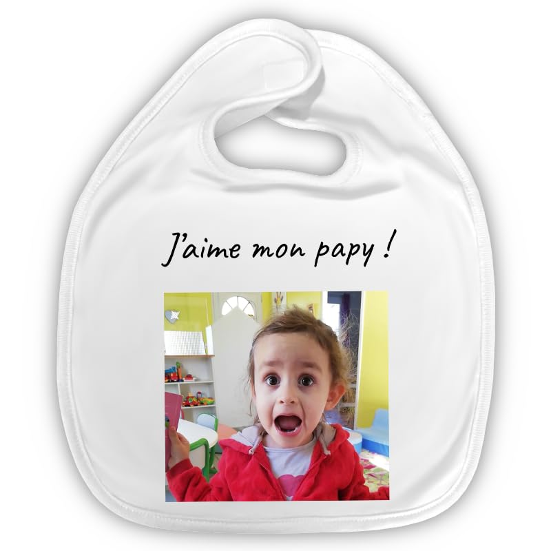 Grand bavoir bébé personnalisable avec photo et message – Bavoir naissance doux et absorbant, cadeau original fille ou garçon – Disponible en rose, bleu...