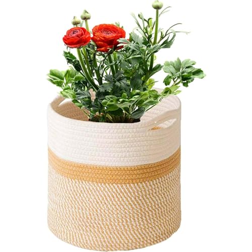 KMERCE Large Braided Plant Basket Diameter 25cm Plant Pot Indoor Flower Basket Indoor Indoor Large Basket Boho Knitted Plant Pot with Handles