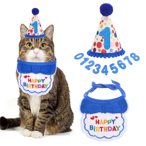YUXIANLB Artigos de festa de aniversário para gatos, meninas, gatos, gatos, bandana para gatos, chapéu de aniversário com números, babete de aniversário para animais de estimação, fatos para gatos e
