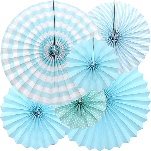 Hocansen 6PCS Hanging Paper Fans Set 8/12/16in Party Decoration Paper Fans Round Pattern Papers Garlands Decoration for Birthday Bridal Wedding Baby Shower Graduation Events(Blue/ZS)