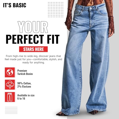 IT'S BASIC Straight Wide Leg Jeans for Women High Waisted, Relaxed Fit Trendy Womens Jeans Stretchy Denim Pants, Stonewashed2