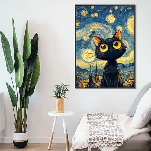 Puzzle de 1000 Piezas para Adultos, Gato Negro Noche Estrellada, Arte de Pintura al Óleo Inspirado en Van Gogh, Puzzle de Animalito para Juego Familiar y Decoración del Hogar (MZ408) miniatura 4
