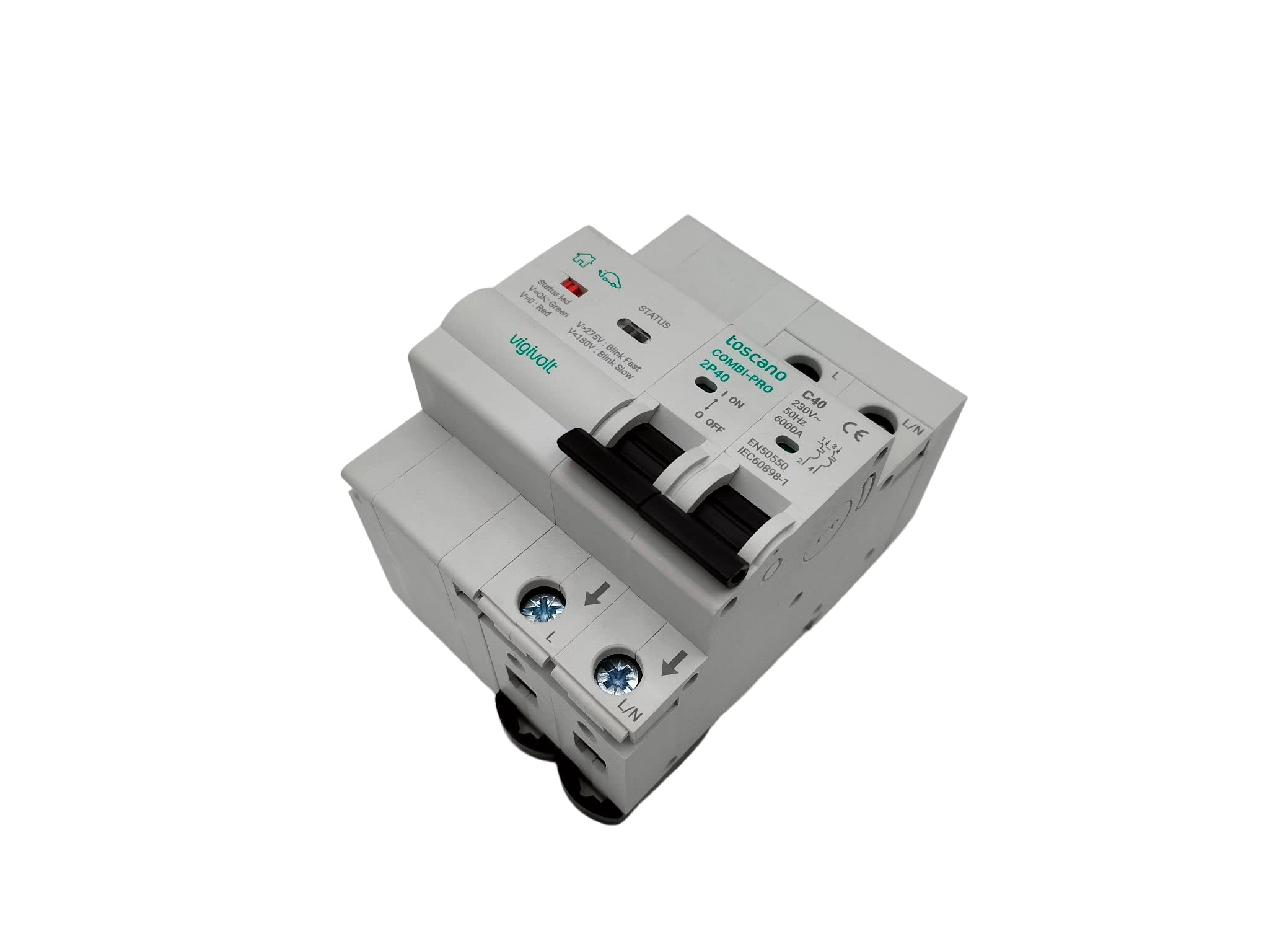 Rasmacor | Toscano 10002881 COMBI-PRO-2P40 | Protector contra sobretensiones permanentes y subtensión Rearme Automático | Para líneas monofásicas y bifásicas | 240VAC 6kA MCB 2X40A