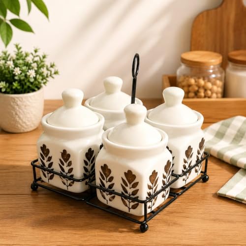 Image of Niyara Multipurpose Storage Ceramic Pickle set Jars with Lid & tray (Set of 4, 300 ml) (DARK FLOWER PRINT)