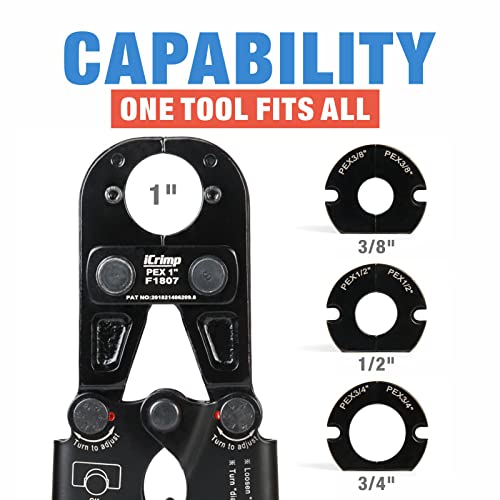 Icrimp F1807 Pex Crimper, Copper Pipe Crimping Tool Kit With 3/8'', 1/2'', 3/4'', 1'' Quick Change Jaws, Pex Tubing Cutter, Go/No-Go Gauge, Copper Ring Pex Removal Tool Included #TOP1
