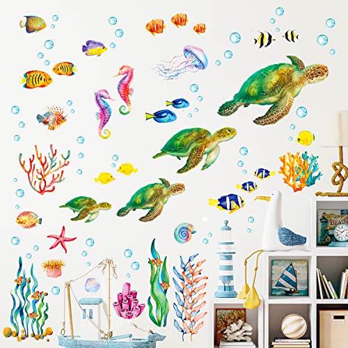 BASHOM BA-4001 Stickers Muraux Tortue de Mer Sous La Mer Stickers Poisson Méduse Corail Algues pour Salle de Bains Pépinière Chambre Salon Art Décoration d'intérieur Cover