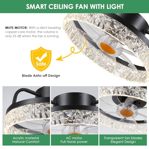 Image of Mpayel 13 inch Ceiling Fans with Lights and Remote - Flush Mount Low Profile Ceiling Fans - Bladeless Enclosed Fans with Led Light and Stepless Dimming, Small Modern Fan for Bedroom