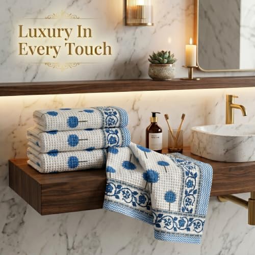 Image of Mafatlal Madhuban Waffle Towels for Bath | 250 GSM | Set of 4 Hand Towels 76 x 38 cm Each | Textured Surface for Body Cleansing, Scrubbing & Gentle Exfoliation | Indigo Blue
