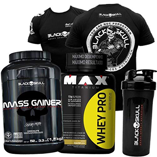 Promoção Combo Hipercalórico Massa Gainer Whey Pro 1kg+Camisa Camiseta Black Skull Max