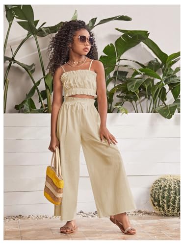Image of Floerns Girl's 2 Piece Set Ruffle Trim Cami Tops with Paperbag Waist Wide Leg Pants