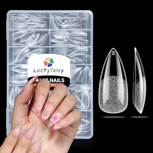 Luckyfairy Medium Stiletto Nail Tips: 240 Pcs Full Cover Almond Shape False Nail Acrylic Soft Gel Nails Tips Clear Stiletto Press on Tips Pre-buffed for Nail Art Extension Salon Home DIY 12 Sizes