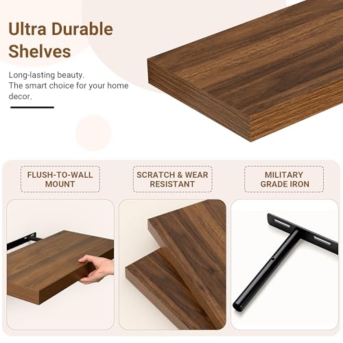 Image of 36 Inch Floating Shelves, 12 Inch Deep Floating Shelves for Wall, Extra Deeper & Thicker Wooden Wall Shelf with Invisible Brackets, Shelf for Bedroom Home Decor(Walnut, Set of 2)