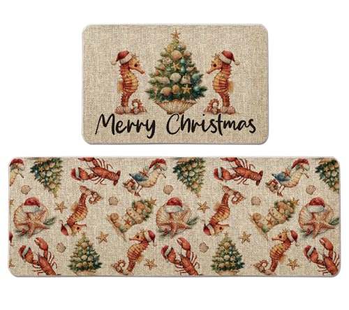 QIONG MENG Christmas Coastal Kitchen Mat Set of 2 Beach Christmas Kitchen Rugs, Xmas Decorative Farmhouse Floor Mats for Home Kitchen Dining Room Decorations - 17x27 and 17x47 Inch