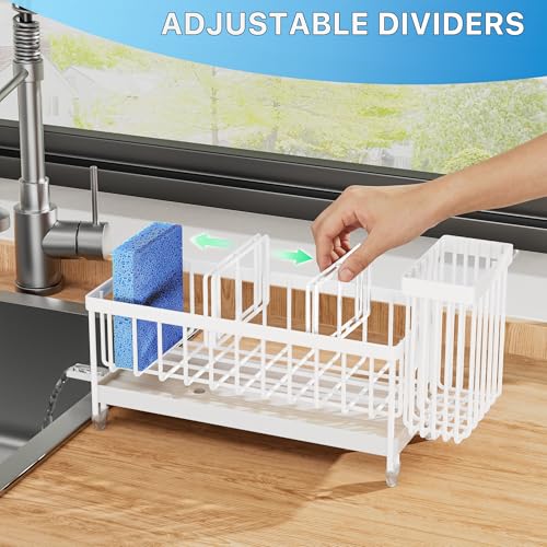 Image of Cisily Sponge Holder for Kitchen Sink, Sink Caddy Organizer with High Brush Holder, Kitchen Countertop Organizers and Storage Essentials, Rustproof 304 Stainless Steel (Cool White, Large)